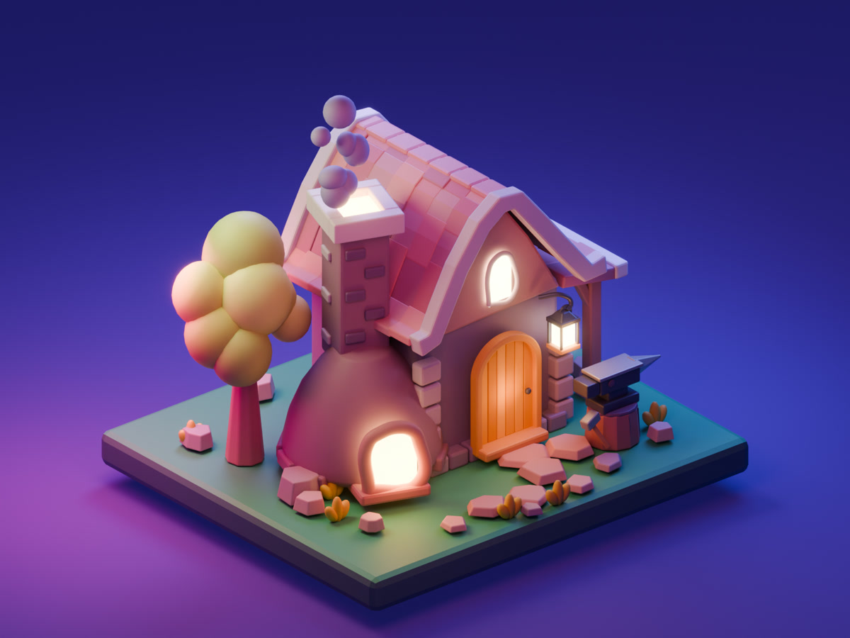 A tiny pink-roofed forge with glowing windows, a rounded tree and an anvil.
